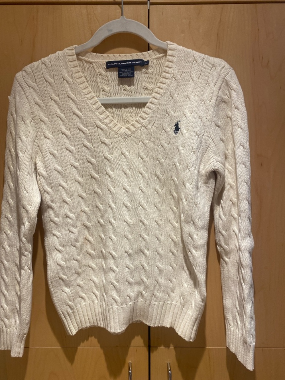Ralph Lauren Cream Cable V-Neck Sweater with Navy Polo Emblem